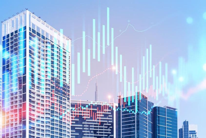 背景是哈利法塔的建筑物和前景图表。