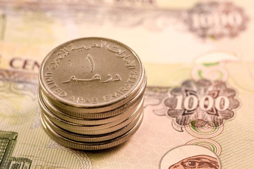 阿联酋货币:1000迪拉姆纸币和1迪拉姆硬币。