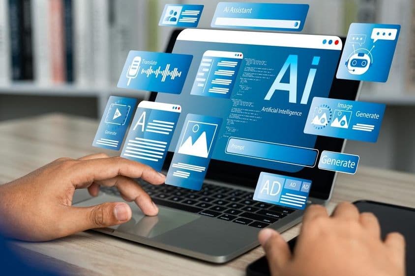 显示AI全息图由人手在触控板上操作的笔记本电脑。