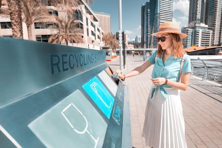 在迪拜的回收箱中投掷瓶子,背景是摩天大楼。