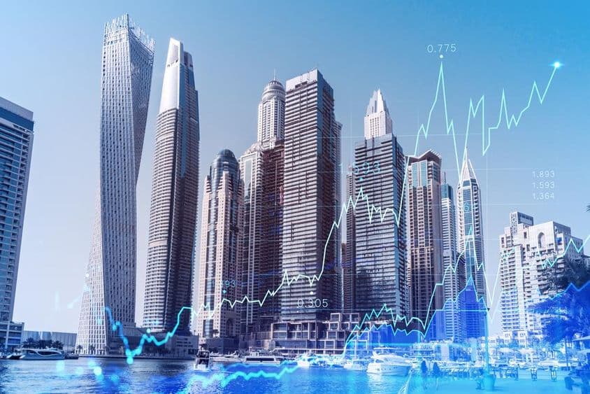 迪拜商业区与外汇图表叠加。