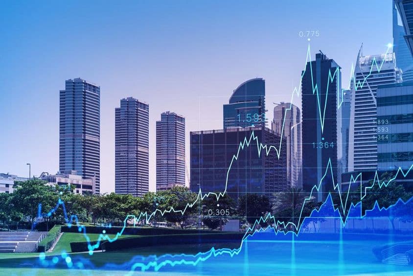 迪拜天际线与前景股价上涨图表。