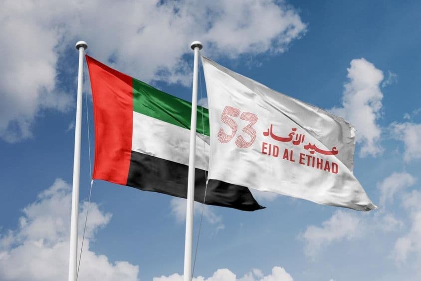 Eid Al Etihad国旗与团结标志,阿联酋国庆日和阿联酋国旗。