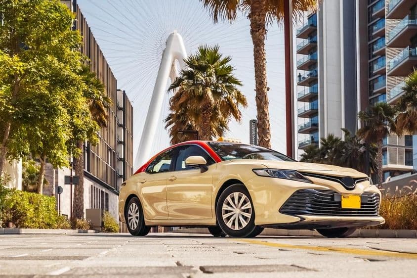 迪拜出租车,背景是棕榈树。