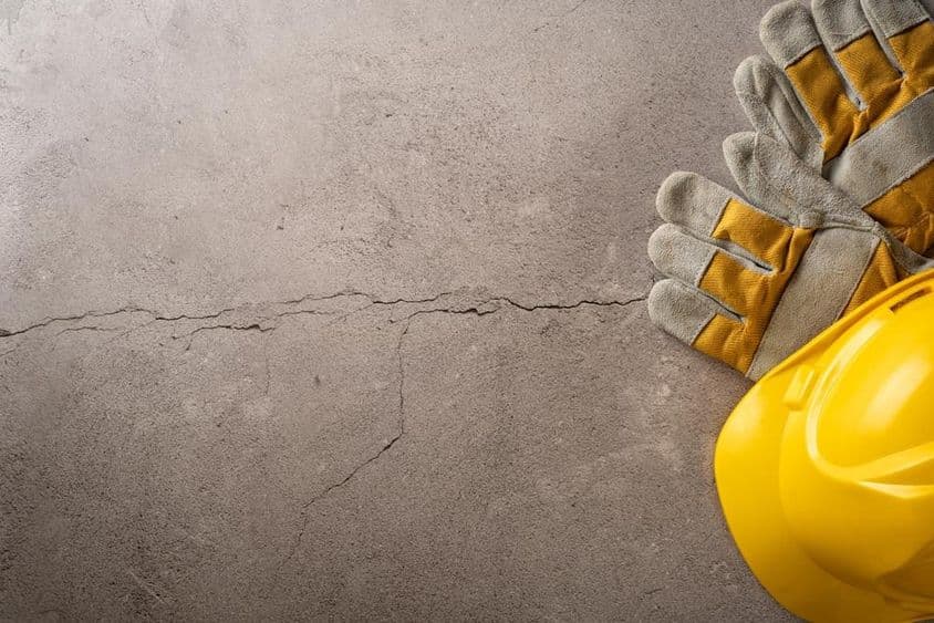 休息时间,黄色安全帽和工作手套放置在开裂的混凝土表面。