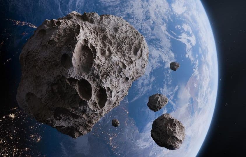 太空中的蓝色地球和小行星。