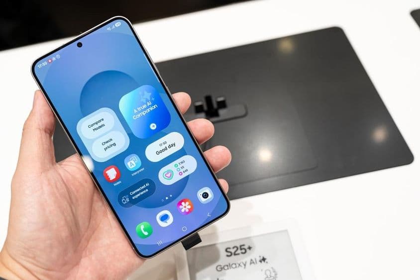 在商店里手持三星Galaxy S25+。