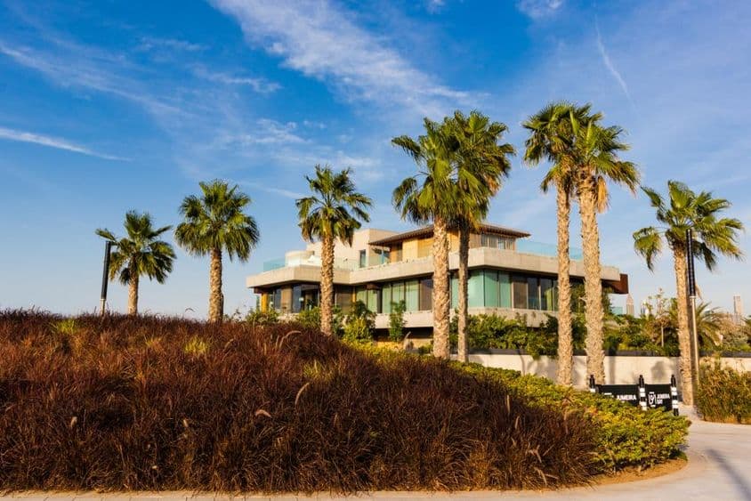 迪拜,别墅被棕榈树环绕,背景是多云的日落。