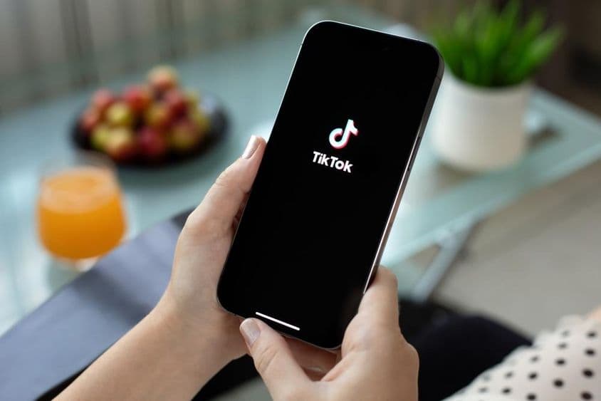 女人手中的苹果iPhone 15 Pro Max,屏幕上显示TikTok视频。