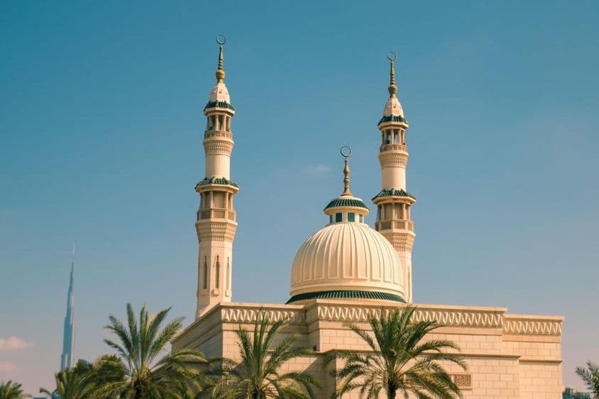 迪拜阳光中的朱美拉清真寺,被棕榈树环绕。