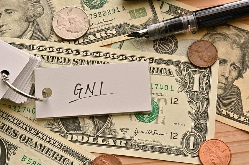 桌面上写有GNI字样的美元纸币。