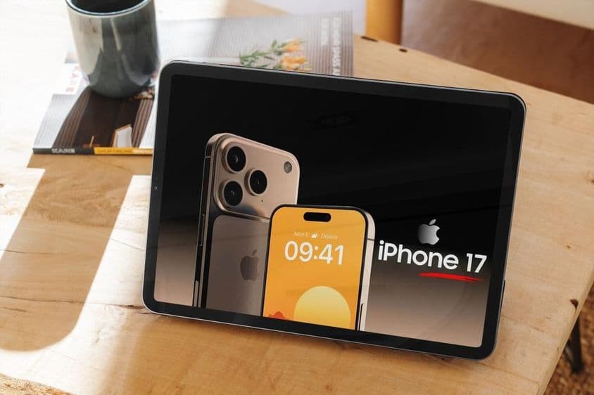 一台放置在木桌上的平板电脑上展示iPhone 17的广告