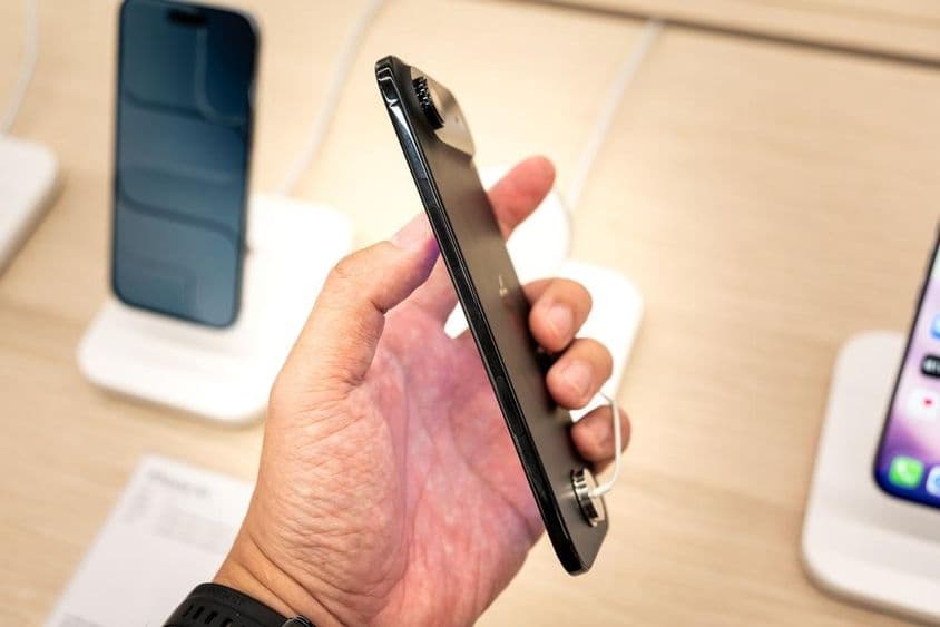 在商店里拿着一部新iPhone 17