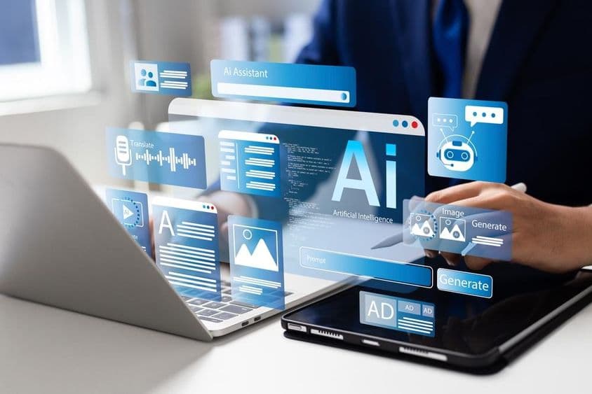 使用笔记本电脑访问AI工具的男人。