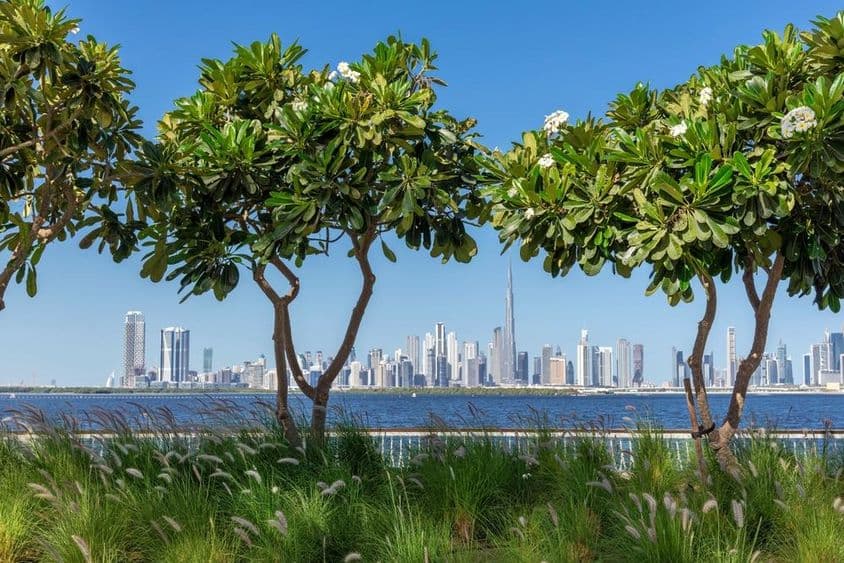 从迪拜河运河看迪拜市中心景色。