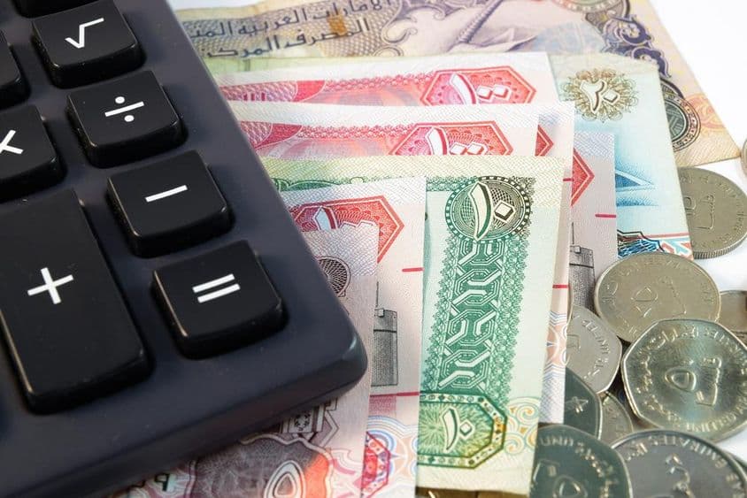 阿联酋各种钞票和硬币的特写镜头。