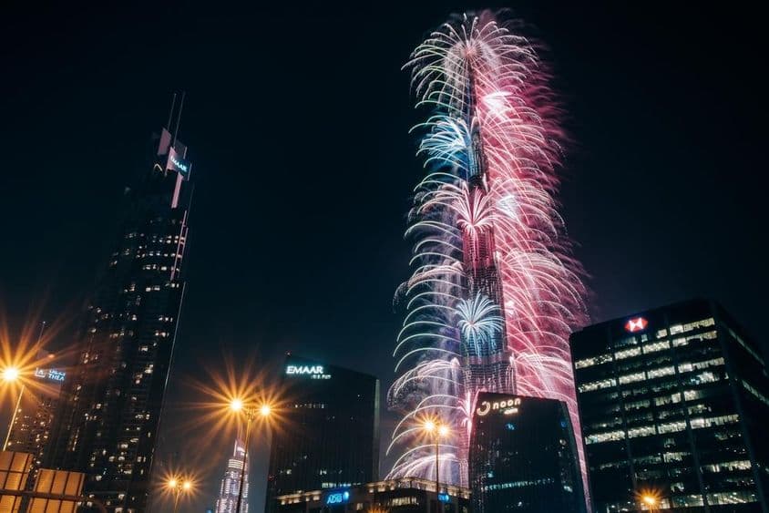 世界上最高建筑哈利法塔的壮观新年焰火。