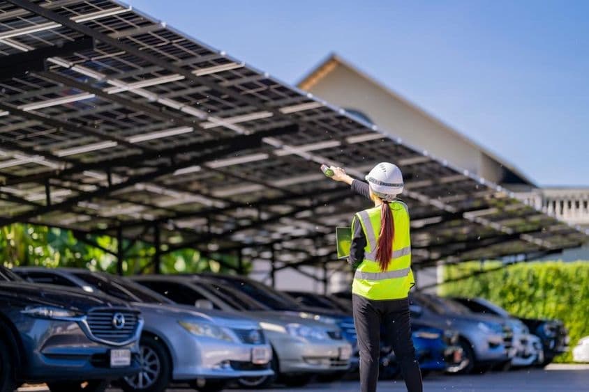 提供遮阳和可持续能源的太阳能电池板。