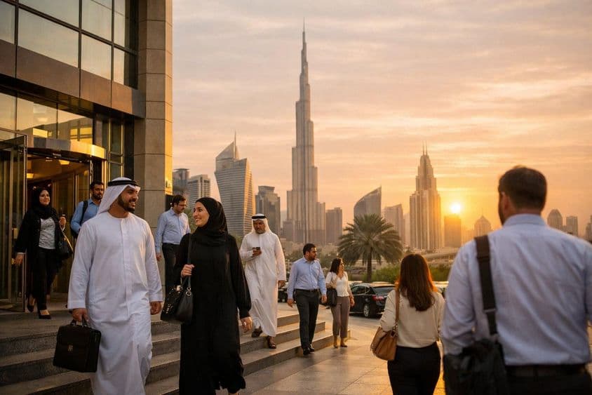 在日落时分下班回家的通勤者。