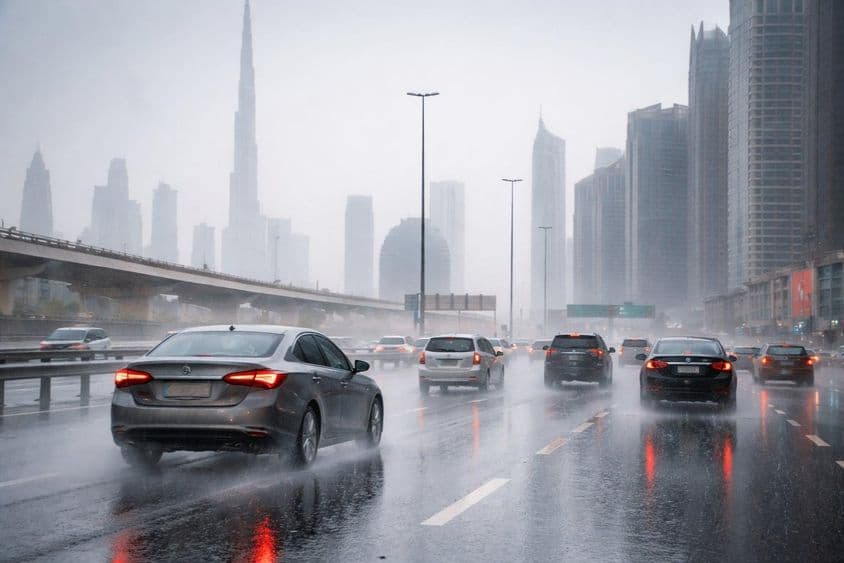 迪拜道路上的雨中刹车